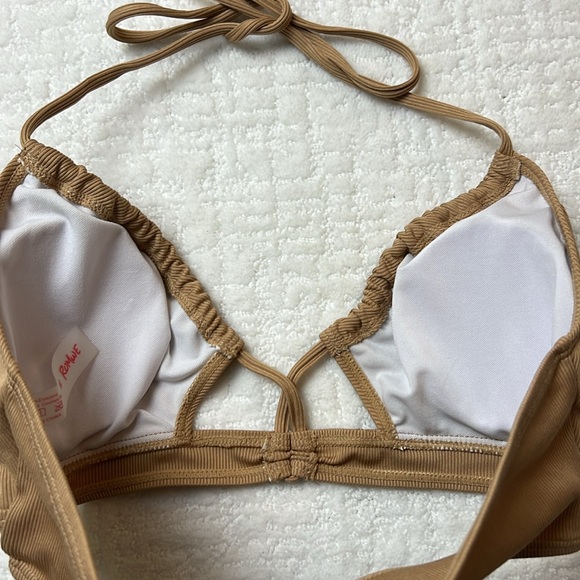 Romwe Tan Ribbed Halter Bikini Top lightly padded tie neck M - Picture 4 of 6